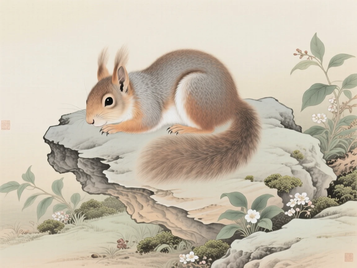 A squirrel curled up on a sun-warmed garden rock