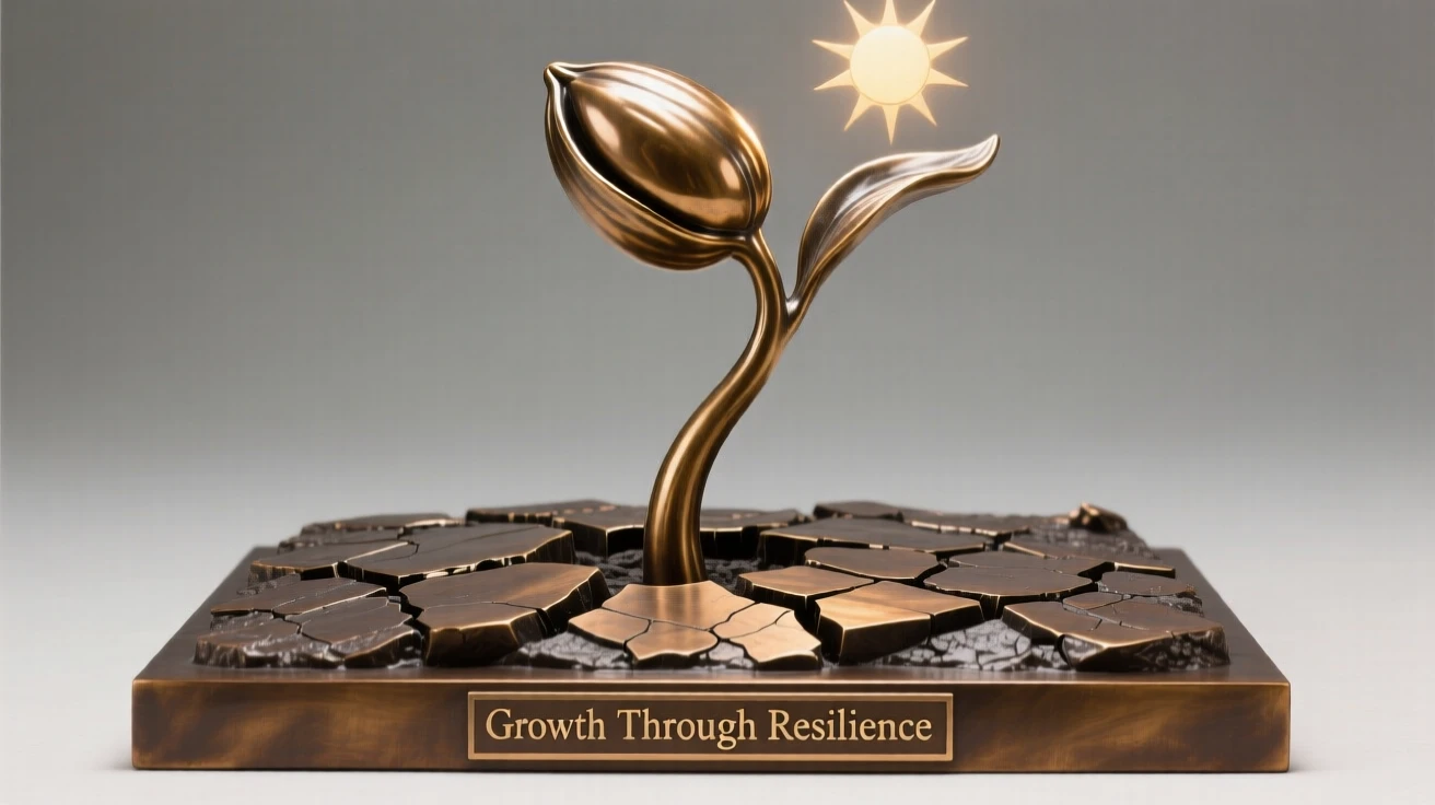 A single seed sprouting through cracked earth toward the sun, symbolizing growth, composed with striking clarity and a strong central focal point, evoking deep emotional resonance