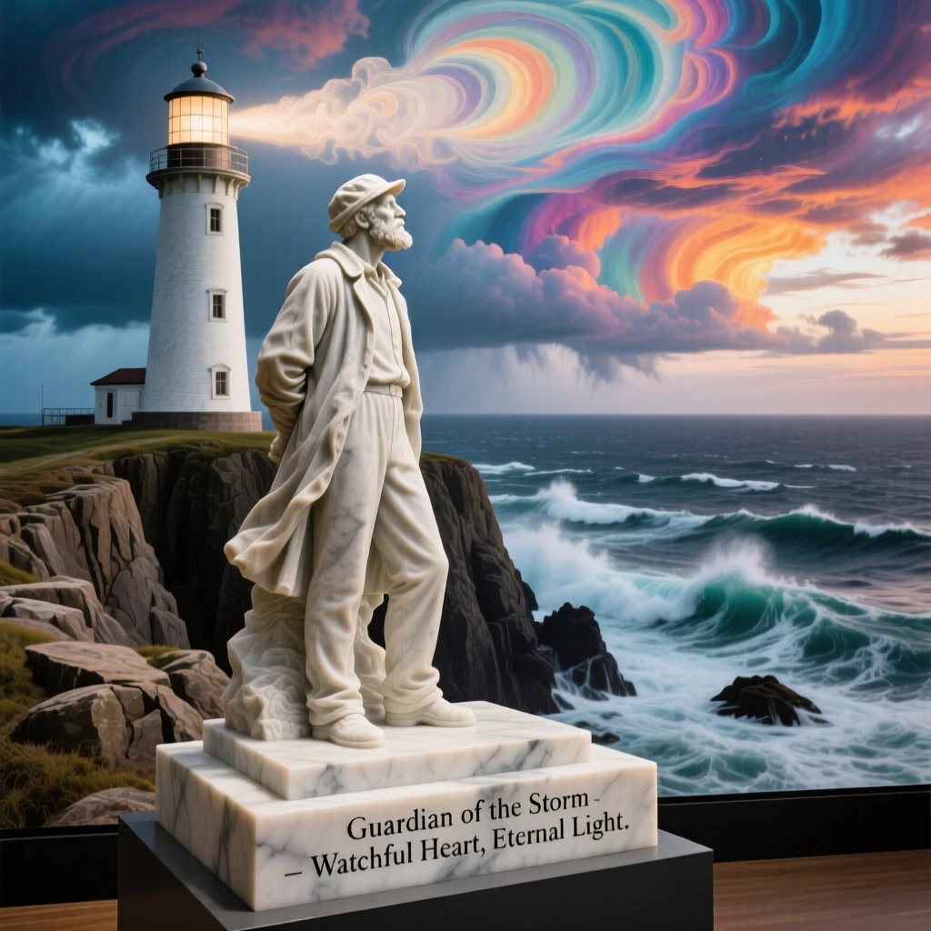 A vivid, emotionally rich scene of a lighthouse keeper watching over a stormy sea, under a brilliant, colorful sky, designed to captivate and inspire