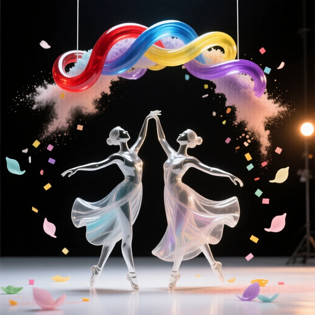 Dancers spinning together beneath a canopy of colorful powder while confetti and petals drift through the evening air