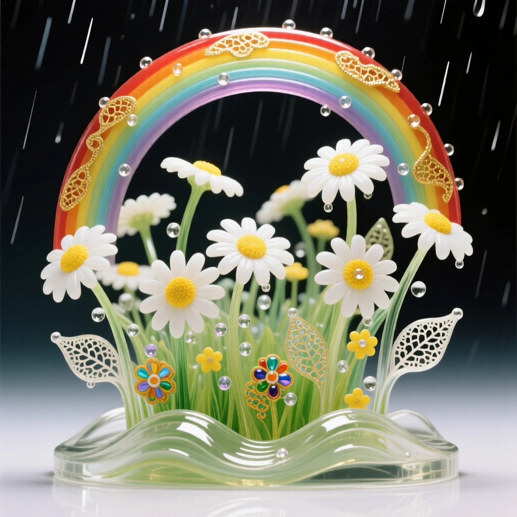 A field of blooming daisies stretching beneath a rainbow after a spring shower, hopeful and cheerful.