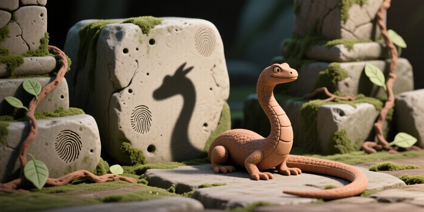 A basilisk's shadow slithering through overgrown temple stones