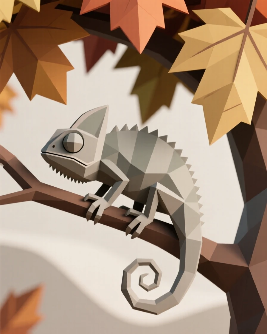 A chameleon perfectly camouflaged on a branch, under a canopy of autumn color. the background gently blurs to keep focus on the subject. The scene radiates quiet strength.