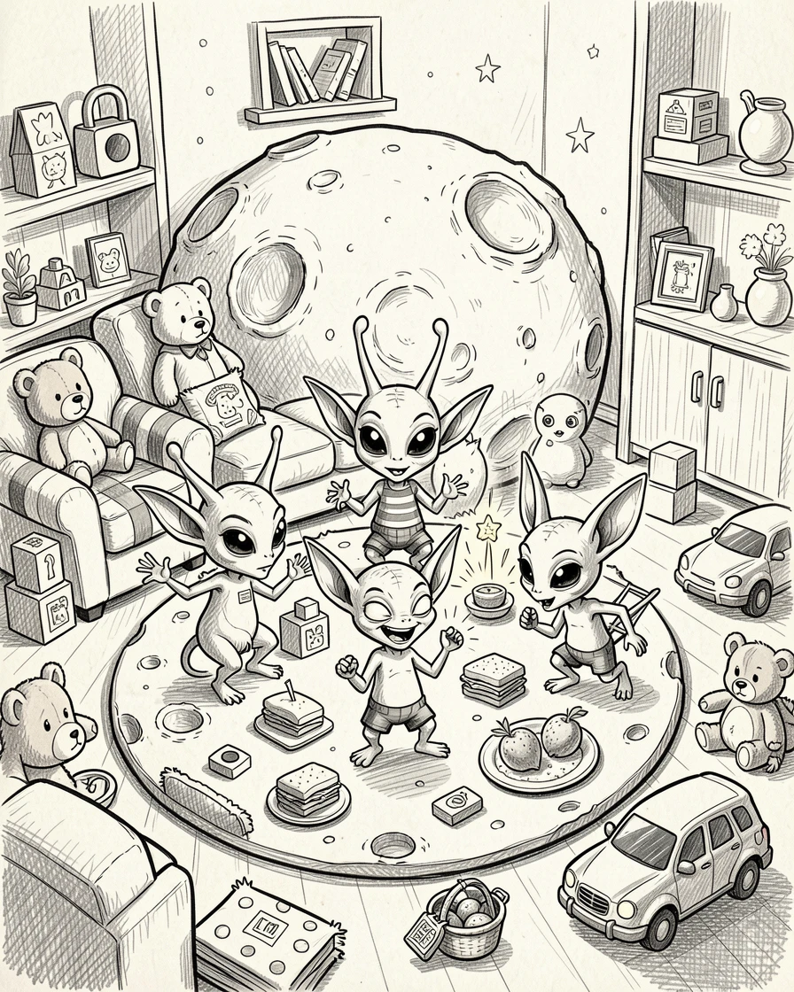 A group of tiny aliens having a picnic on the moon in a living room filled with toys.
