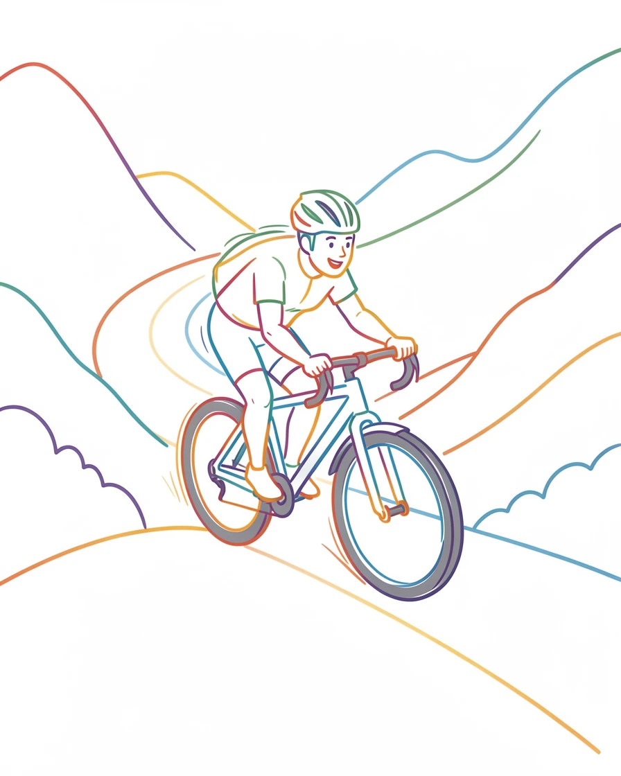 A cyclist climbing a winding mountain road with sweeping views below.
