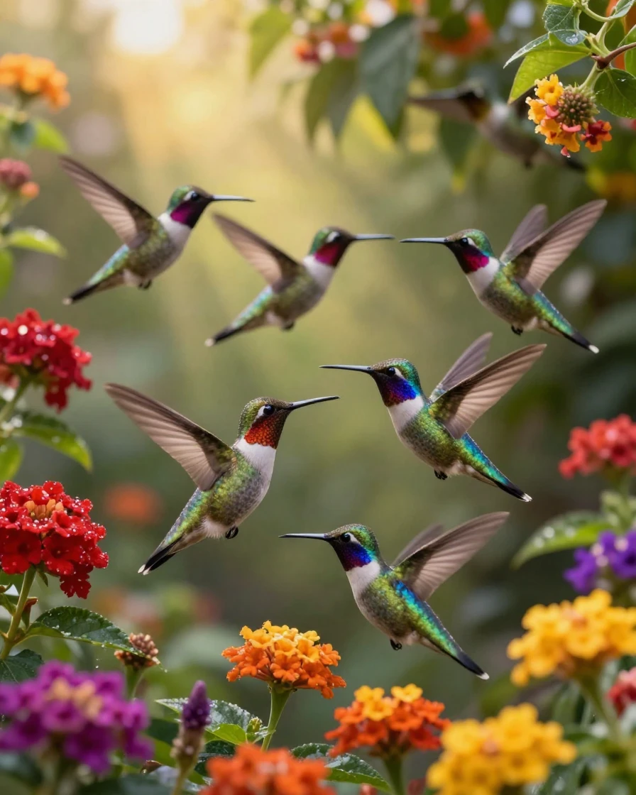 A hummingbird migration filling a garden with fluttering wings