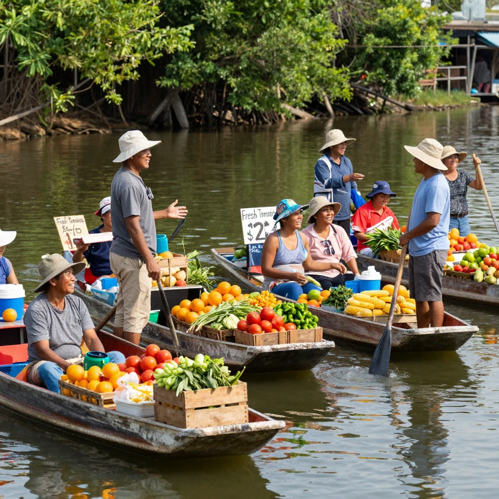 A market floats entirely on boats, vendors calling out prices from canoe to canoe.