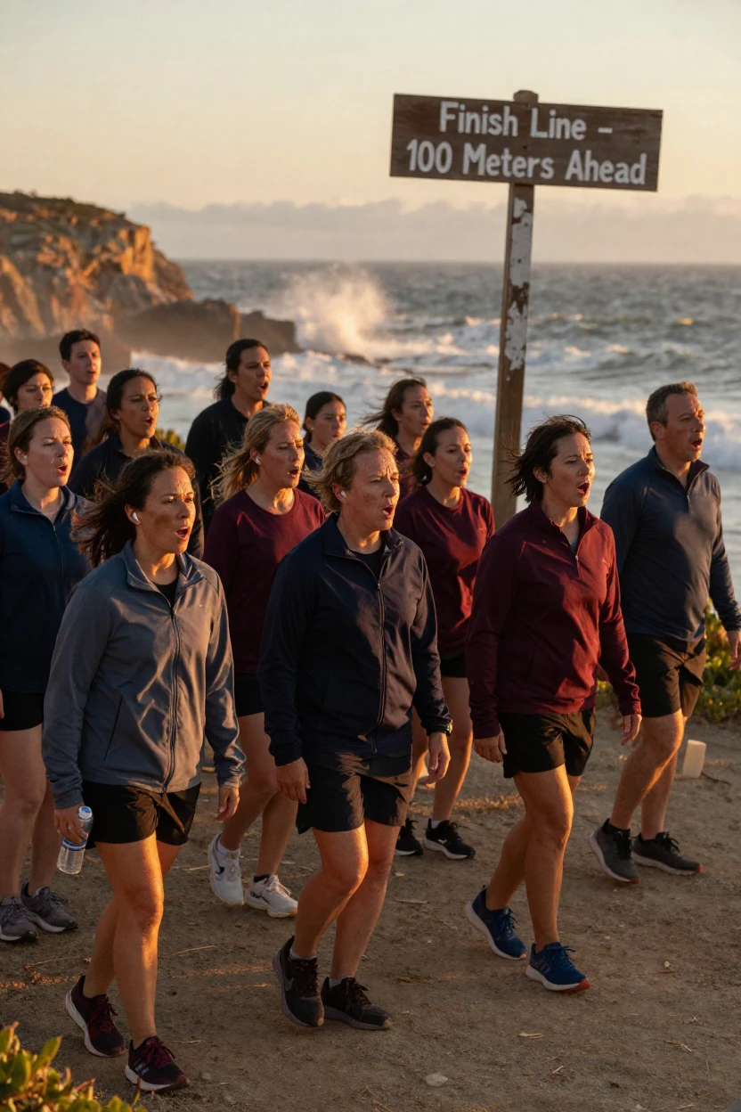 A group of choir singers pushing through the final stretch of a race on an open stretch of coastline