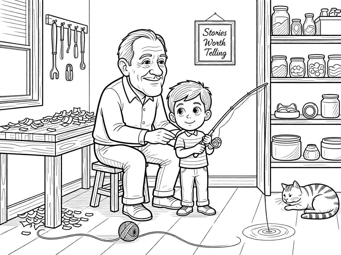 An elderly man teaching his grandson to fish, recalling old addresses with surprising accuracy, set in a small workshop scattered with wood shavings. A ball of yarn rolls gently as the cat shifts. The image honors a lifetime of stories worth telling.