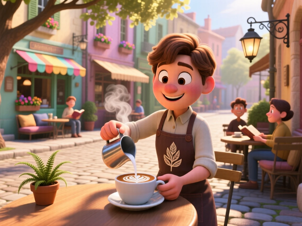 A barista drawing a leaf pattern in latte foam is captured on a quiet cobblestone street lined with cafes, with steam rising gently from a nearby cup. A gentle, charming warmth fills this everyday moment.