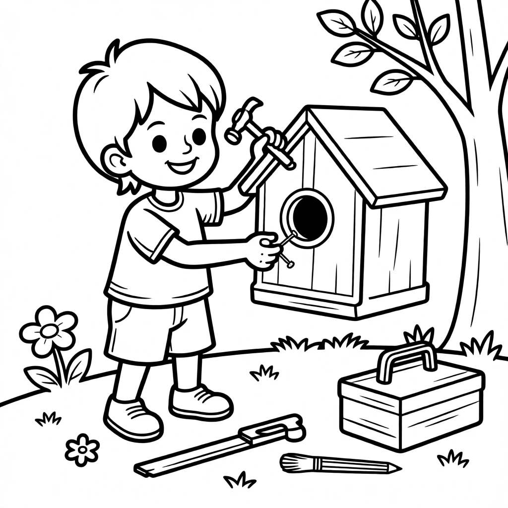 A child building a birdhouse with simple tools