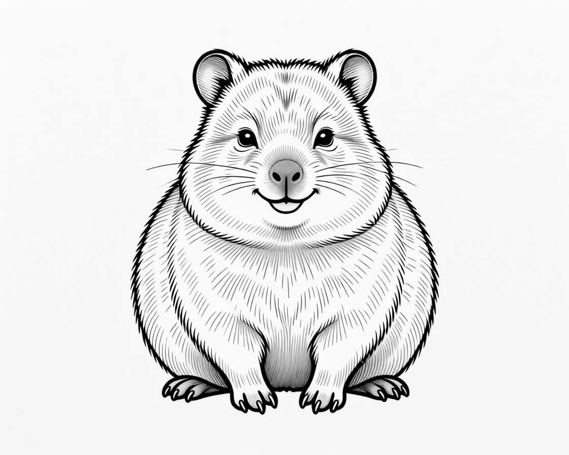 A round-bodied quokka smiling for the camera