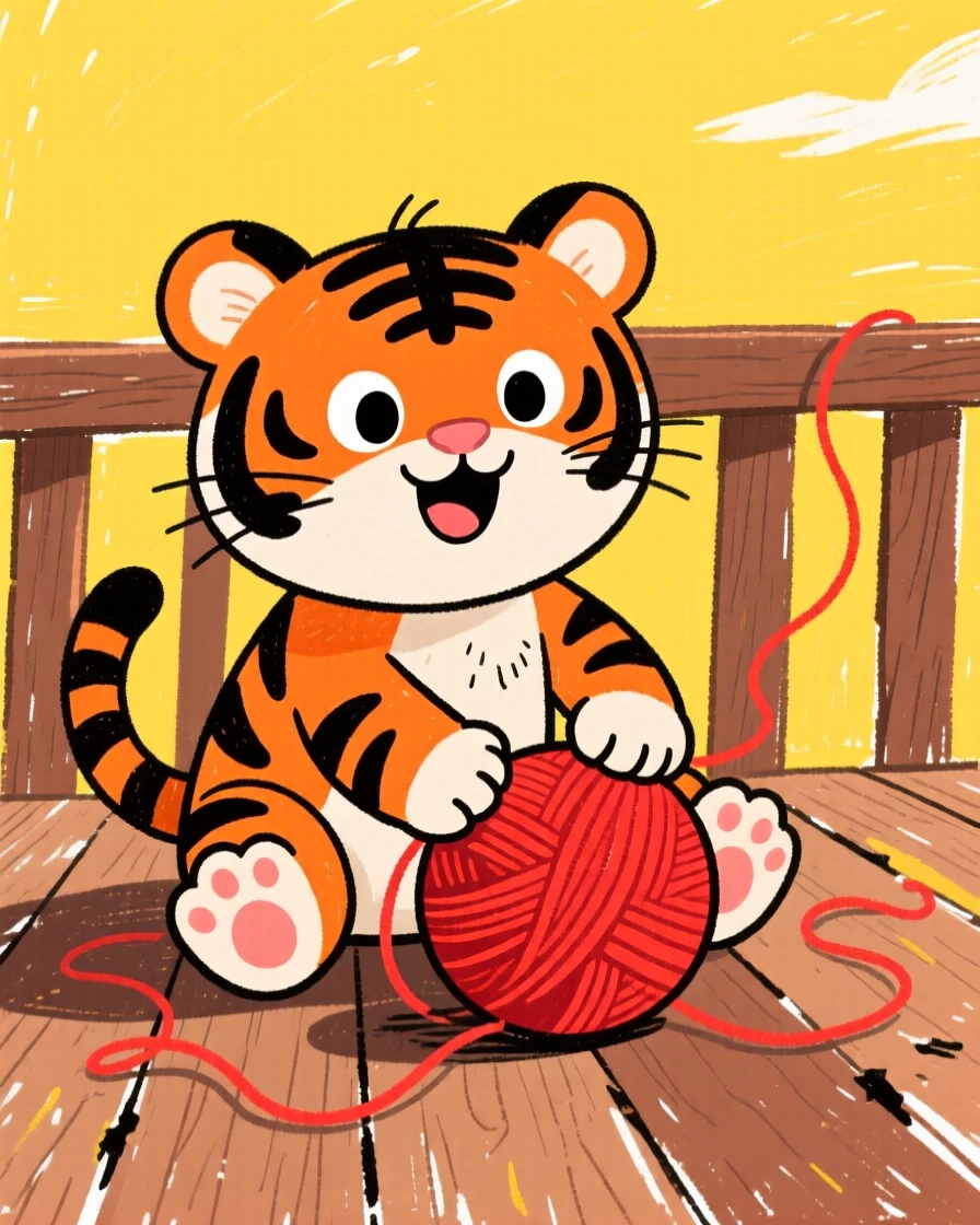 A striped baby tiger playing with a ball of yarn on a porch.