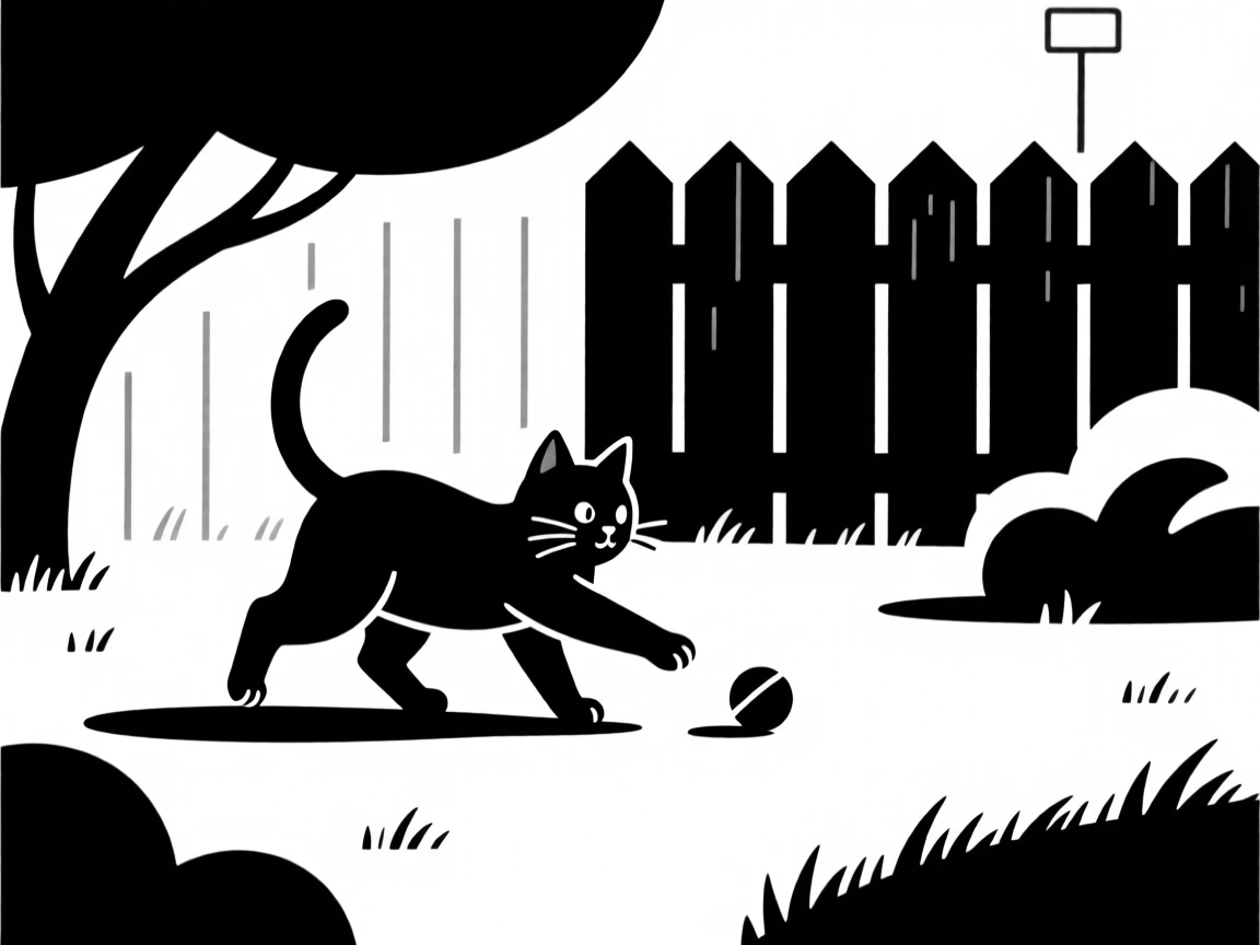 A curious kitten playing fetch in a backyard.