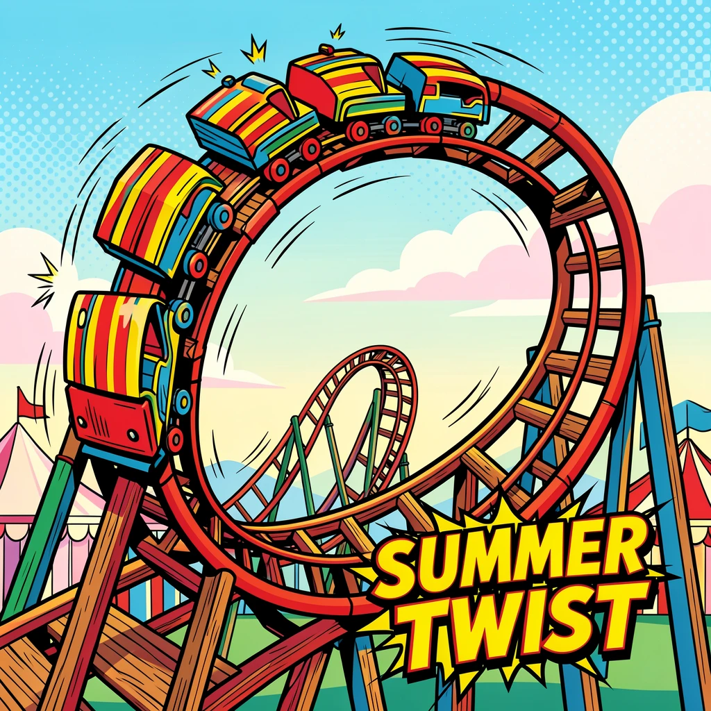 A wooden roller coaster twisting through a summer amusement park