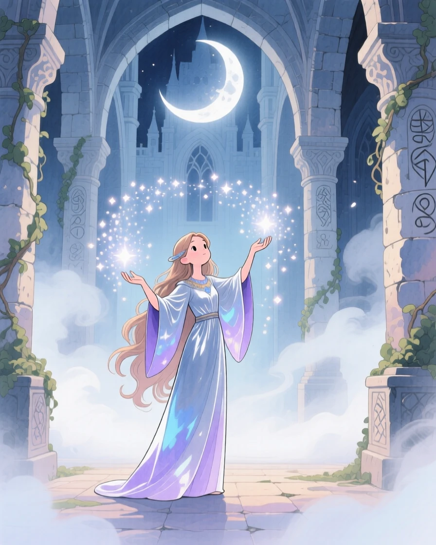 A moon priestess casting a spell that fills the air with sparkling light, in an ancient castle wrapped in mist, sparking childlike imagination and awe.