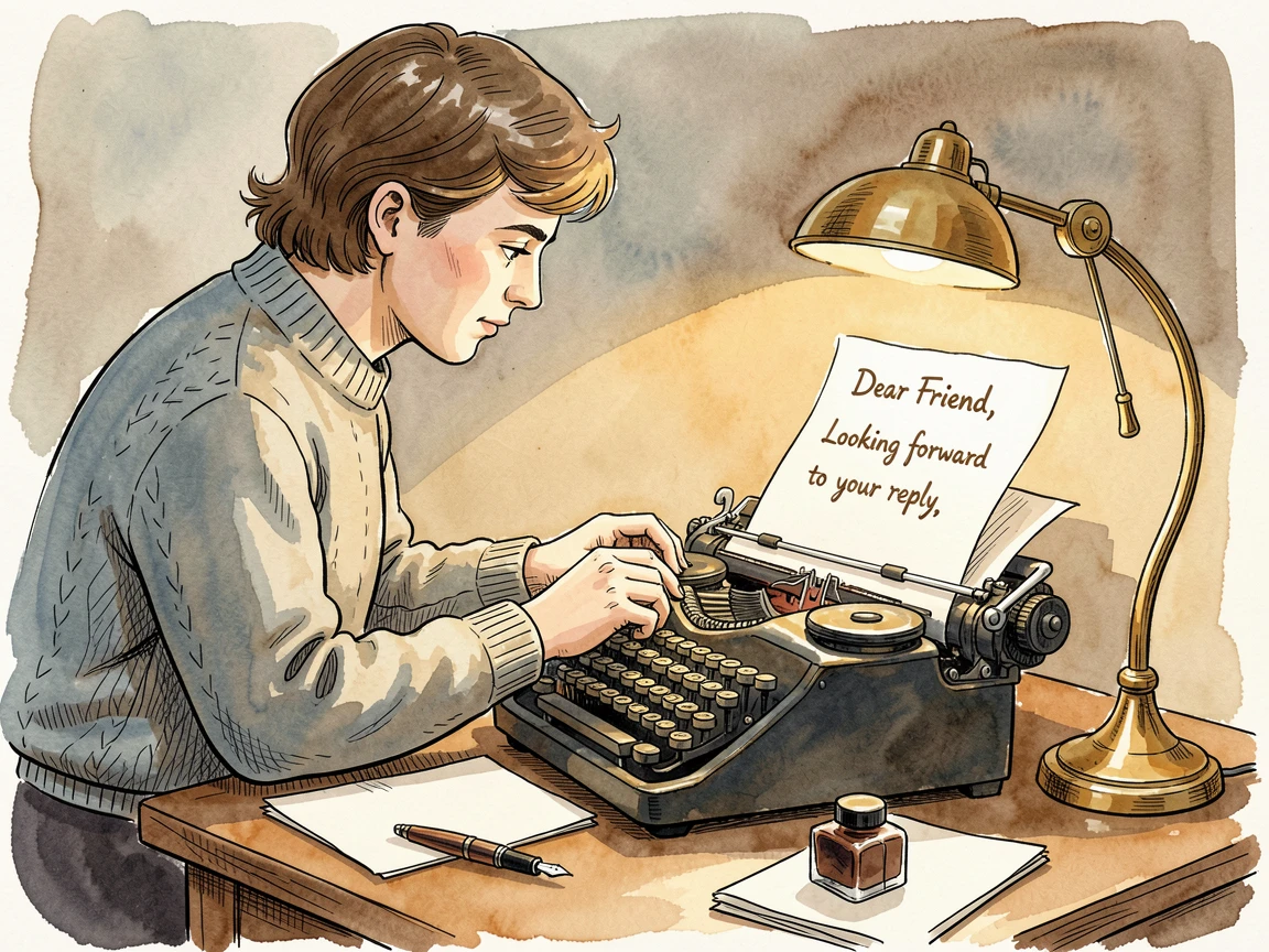 A vintage typewriter enthusiast composing a letter by lamplight, warm natural light illuminating the workspace.