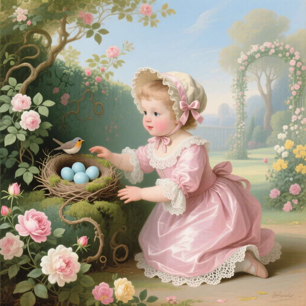 A child discovering a nest of blue eggs in a garden hedge  