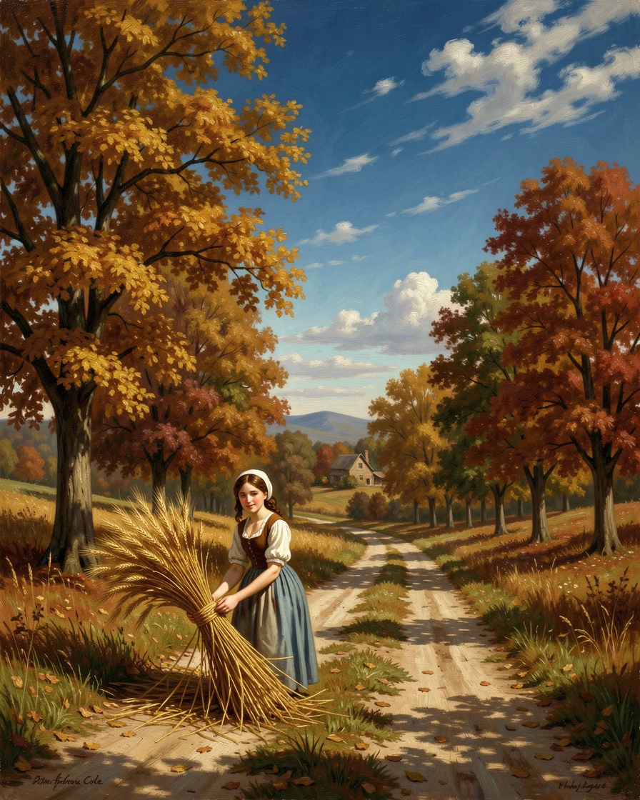 A milkmaid gathers the last of the harvest in a country road lined with autumn trees beneath a wide summer sky.