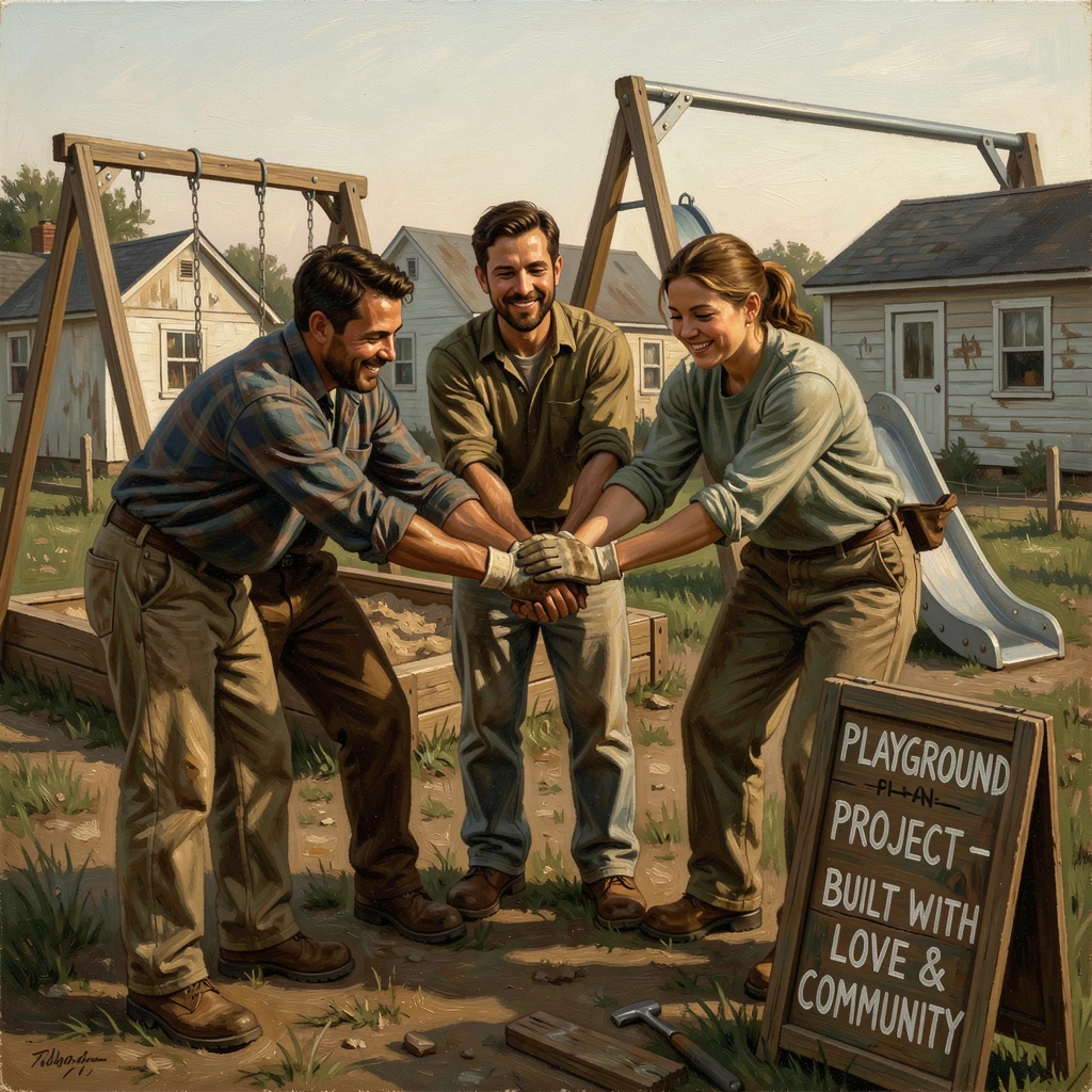 A group of volunteers building a playground for children in an underserved community, with hands clasped tightly, conveying connection and support, designed to inspire and uplift anyone who views it