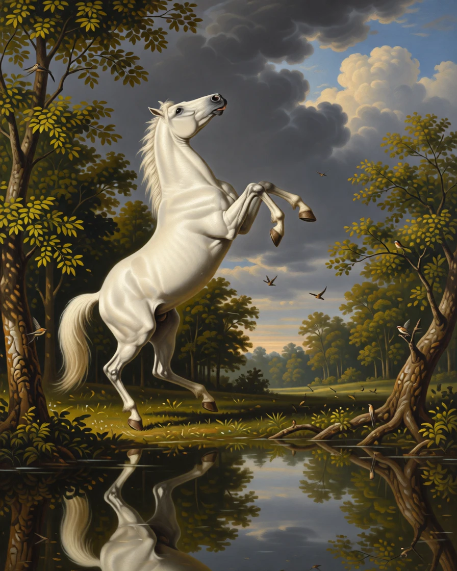 A magnificent white horse rearing dramatically against a stormy sky in a fleeting instant of natural beauty rarely witnessed, set within a sunlit forest clearing alive with birdsong, with reflections in still water doubling the beauty of the moment; the composition balances raw power with graceful, natural stillness, capturing a quiet, breathtaking moment of wild grace.