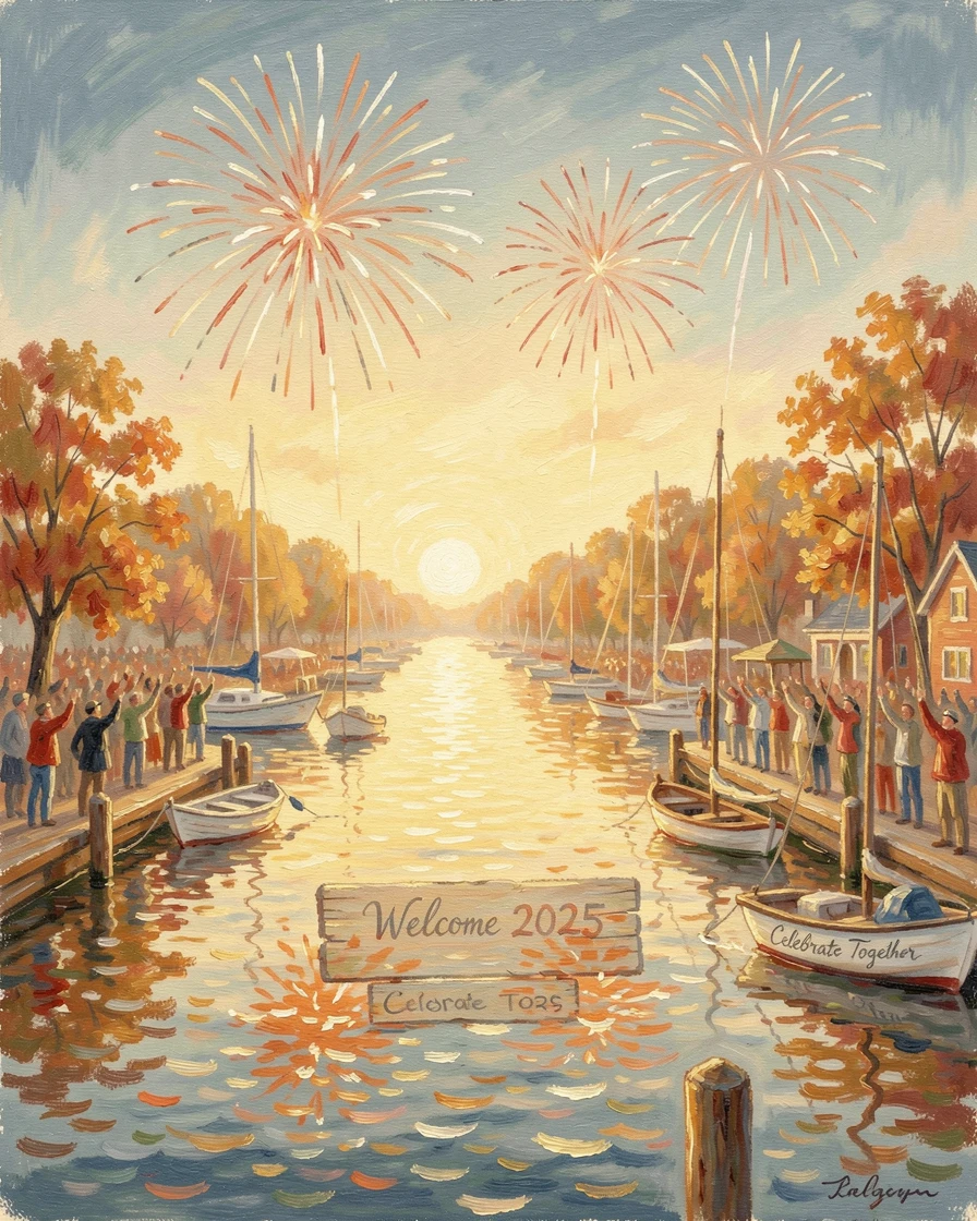 A New Year's Eve celebration with fireworks bursting over a glittering harbor filled with cheering crowds, in the golden days of autumn, filled with warmth and nostalgia.