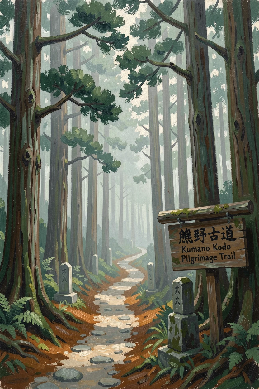 A quiet pilgrimage trail winding through the misty forests of Kumano Kodo in Japan.