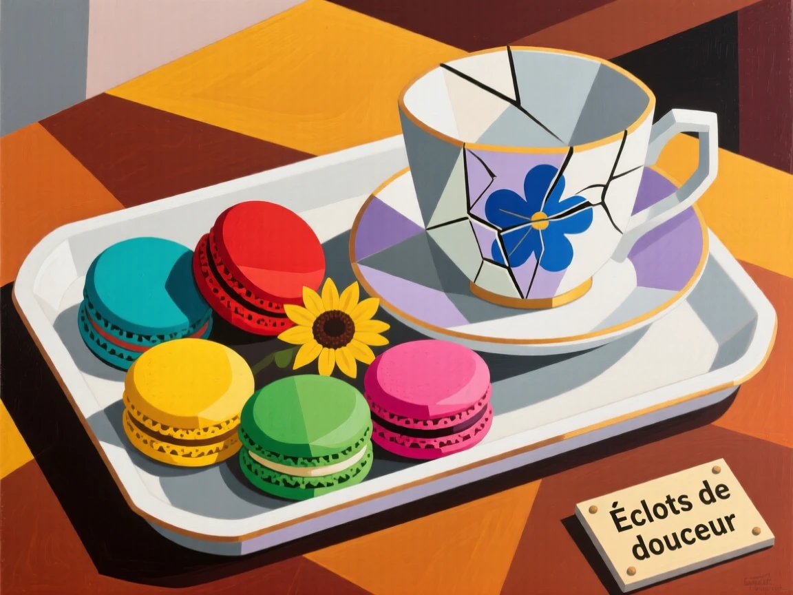 A tray of colorful macarons arranged beside a delicate porcelain teacup.