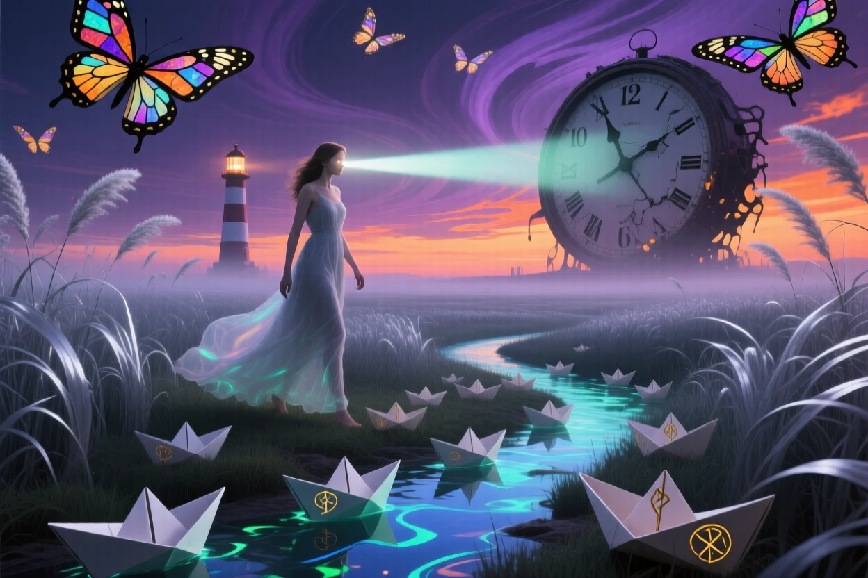 A woman with a lighthouse beam shining from her eyes walks slowly through a field of tall silver grass, as tiny paper boats drift past their feet.