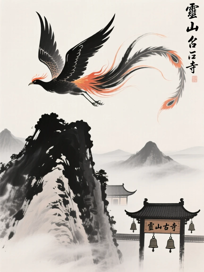 A phoenix circles above a sacred mountain peak wreathed in mist, with distant bells echoing from a mountain temple.