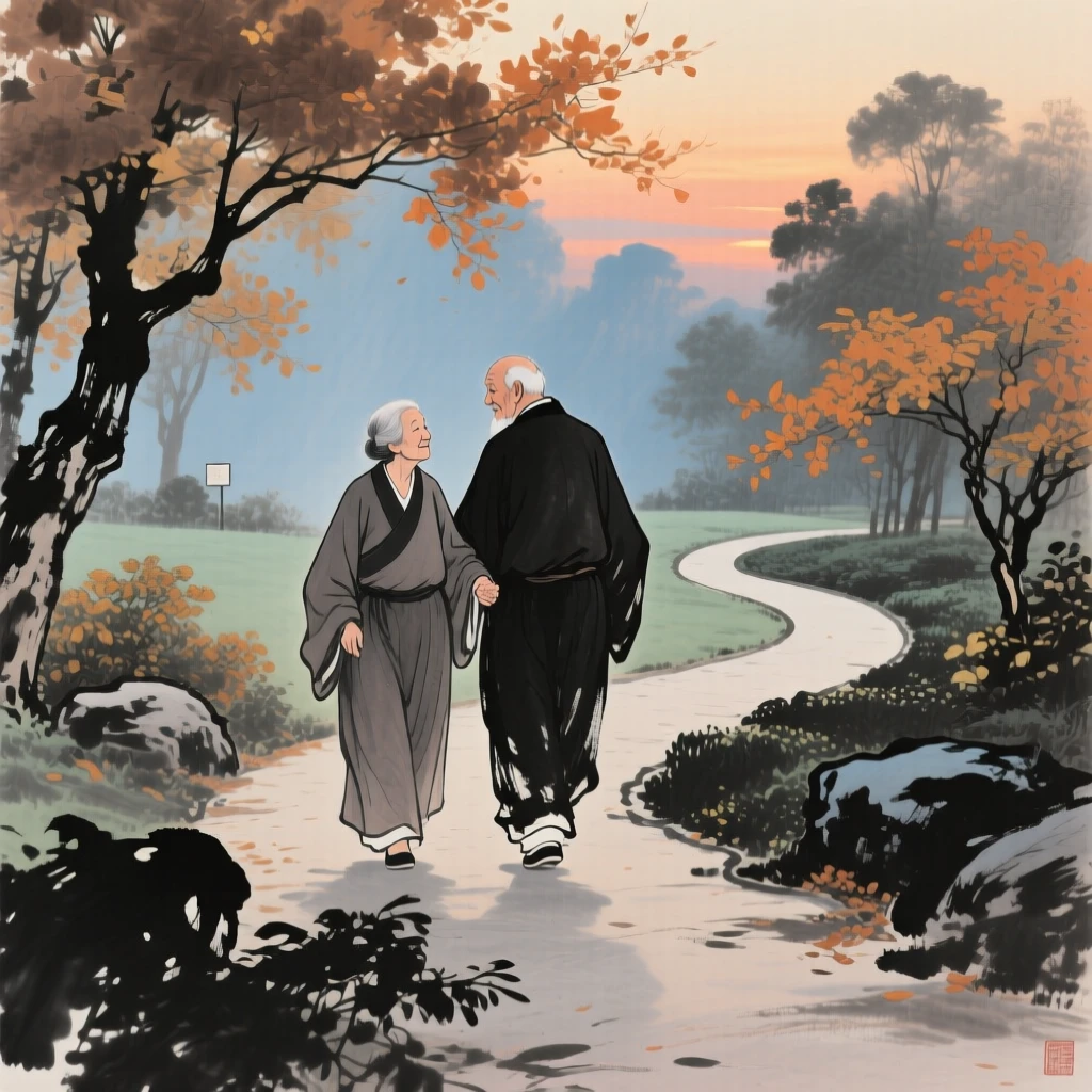 An elderly couple strolling arm in arm along a garden path in autumn, at dusk.