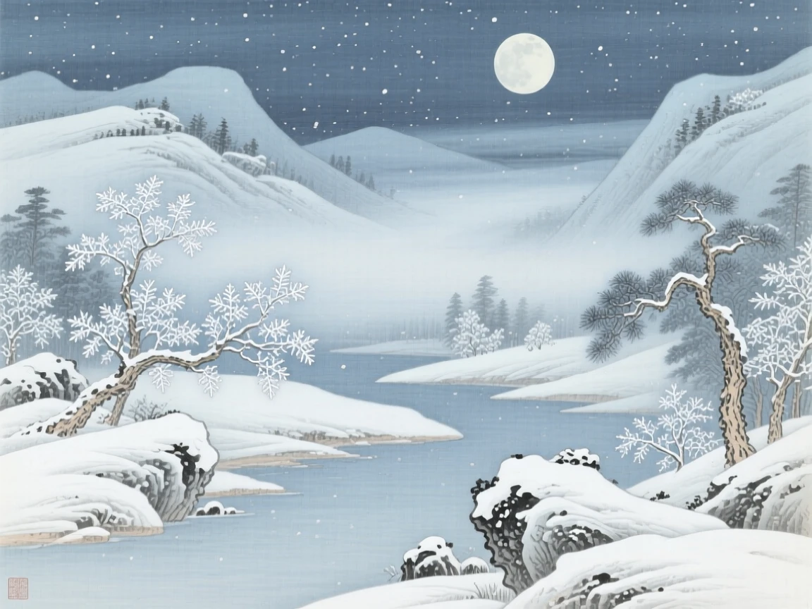Snow falling silently under a pale winter moon, with soft mist drifting across the valley floor
