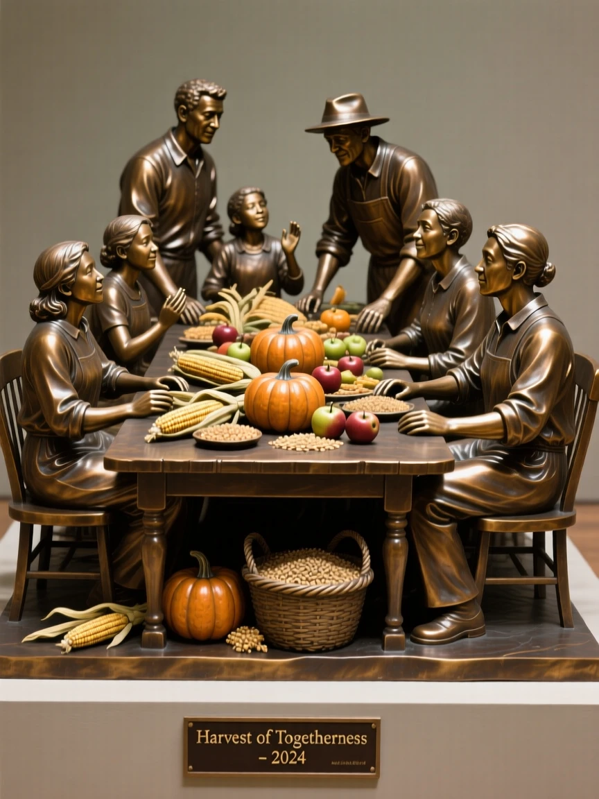 A farmer's family gathered at a long harvest table, in a moment of pure emotion, forming a strong central focal point