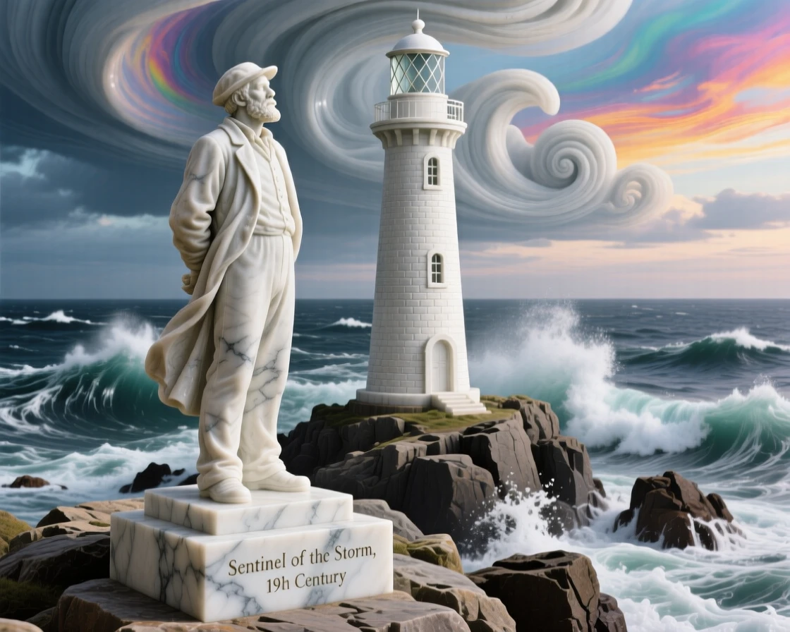 A beautifully composed image of a lighthouse keeper watching over a stormy sea, under a brilliant, colorful sky, full of atmosphere and visual storytelling