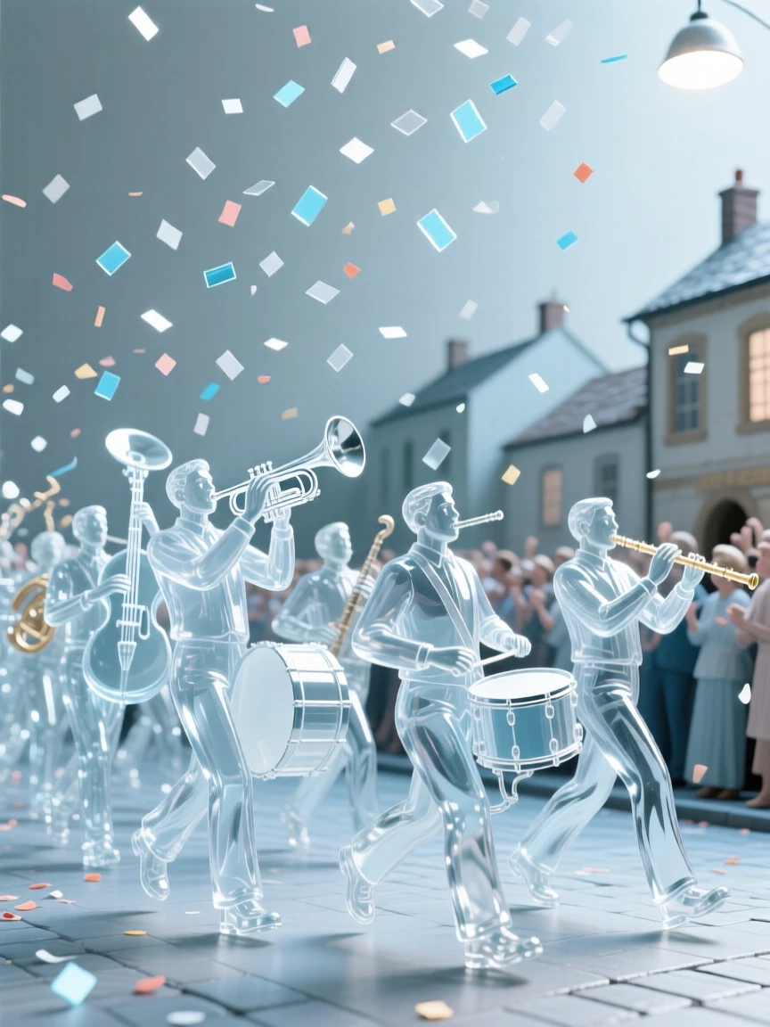As confetti drifts through the air above the crowd, a procession of musicians leading a parade through a village square