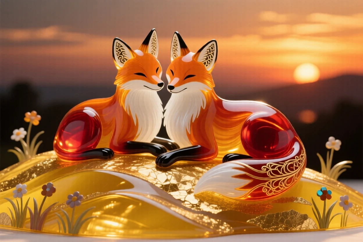 A pair of foxes resting together atop a golden hillside at sunset, cozy and serene.