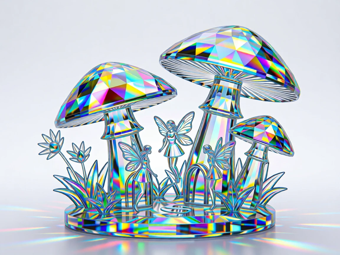 A whimsical fairy garden scene with tiny glowing mushroom houses.