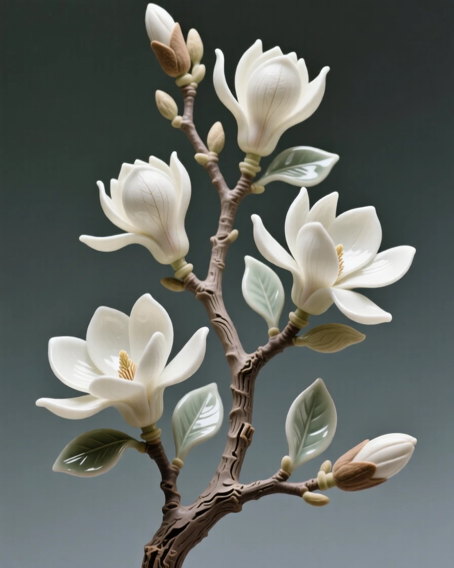 A blooming magnolia branch reaching skyward clustered together in natural harmony, with veins tracing intricate natural patterns, stirring feelings of peace and gentle growth.