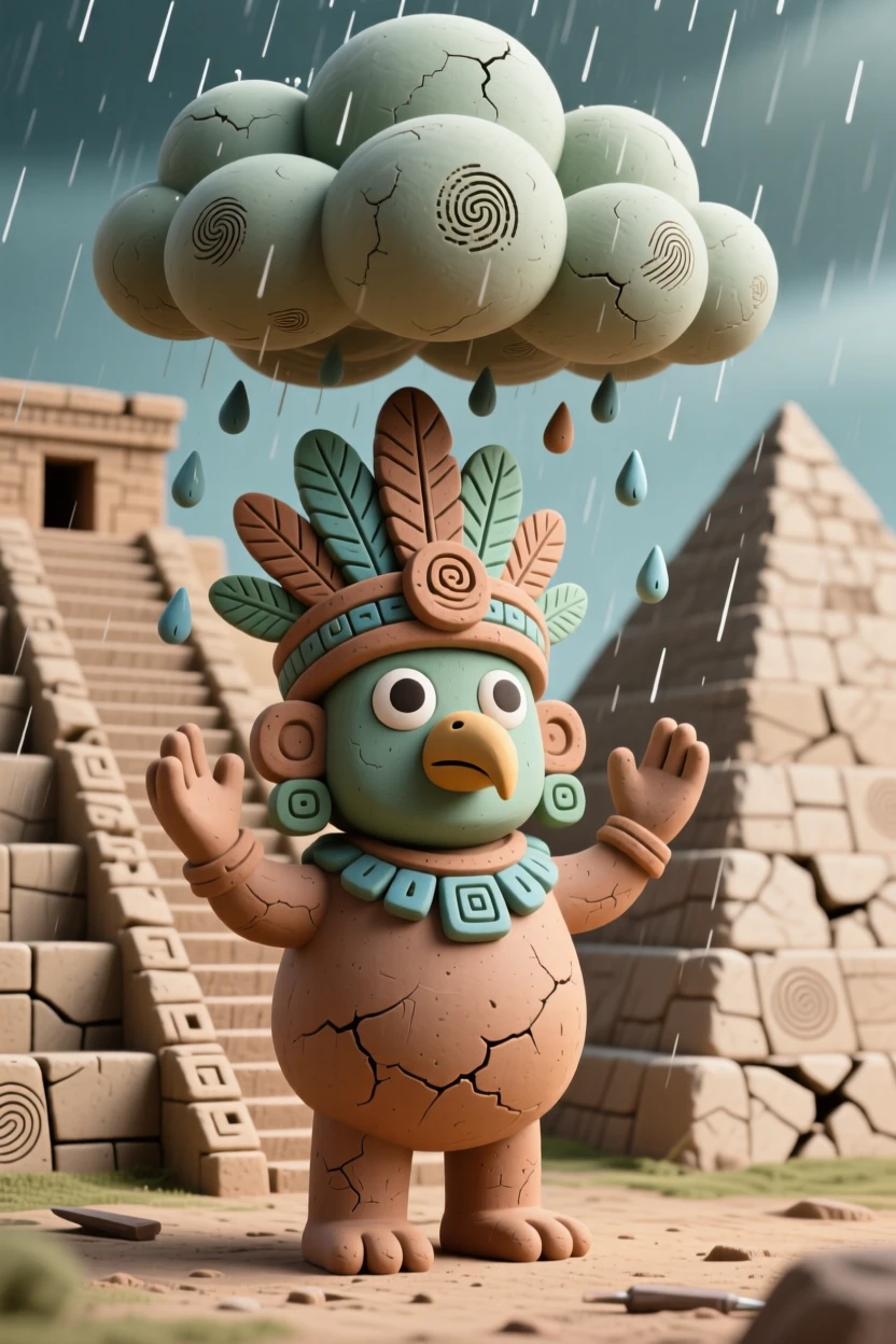 Tlaloc summoning rain clouds over ancient stepped pyramids