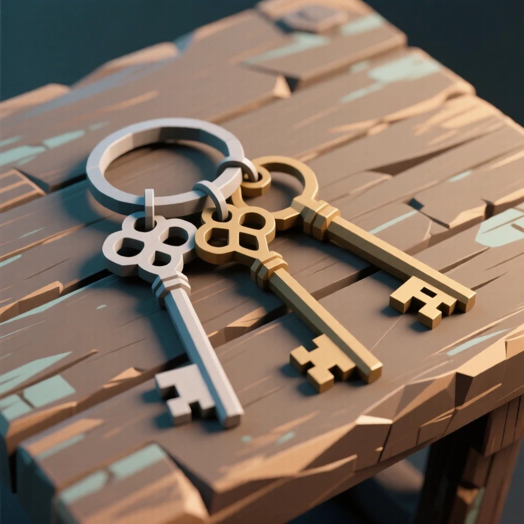 A key ring with ornate antique keys, on a weathered wooden table. the composition uses a balanced, classic still-life arrangement. A sense of quiet history fills the objects.