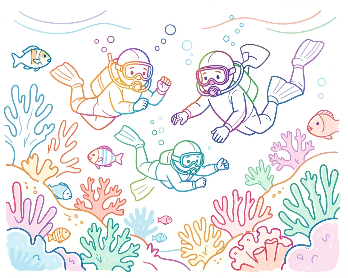 A group of scuba divers exploring a vibrant coral reef.