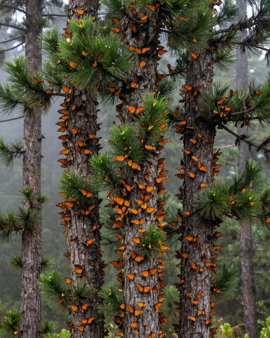 A monarch butterfly overwintering colony blanketing Mexican fir trees
