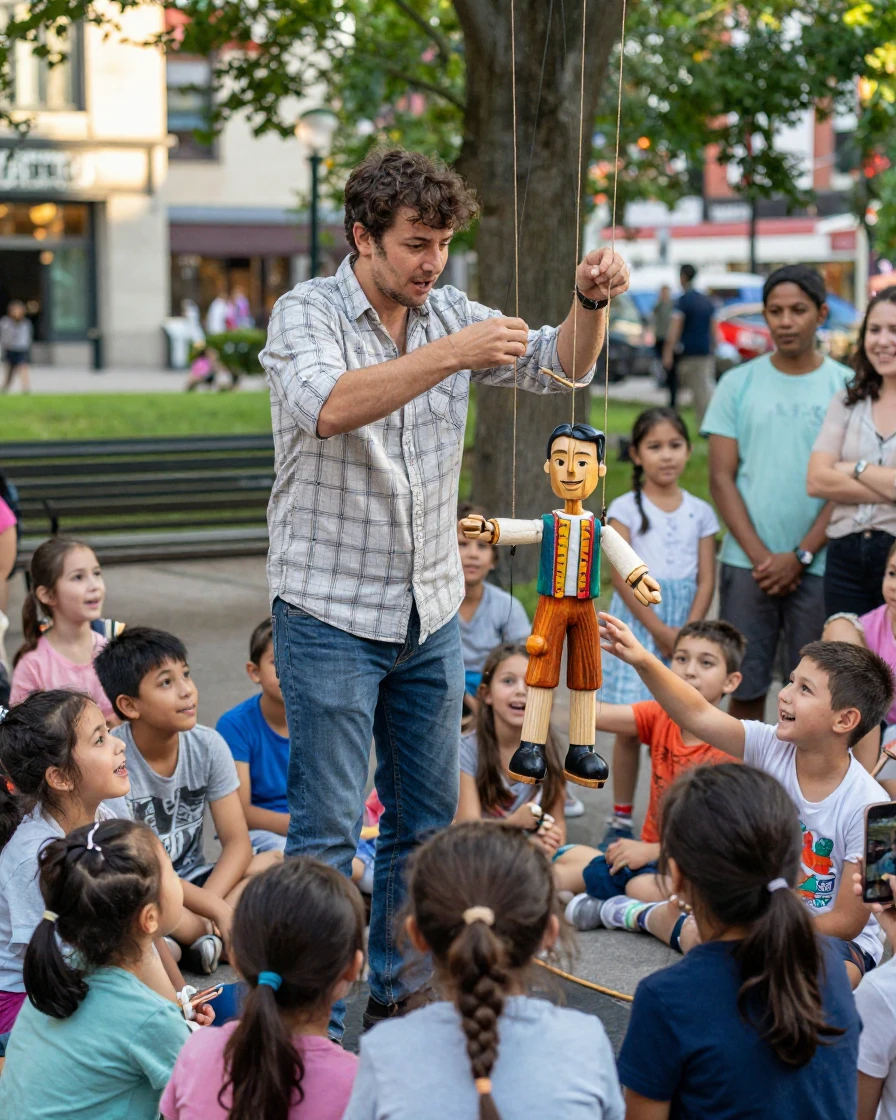 A puppeteer brings a hand-carved marionette to life for a delighted crowd of children.