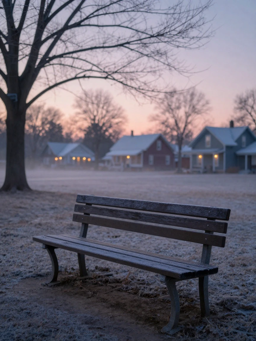 A single park bench bathed in the pale light of a winter dawn as the town slowly wakes