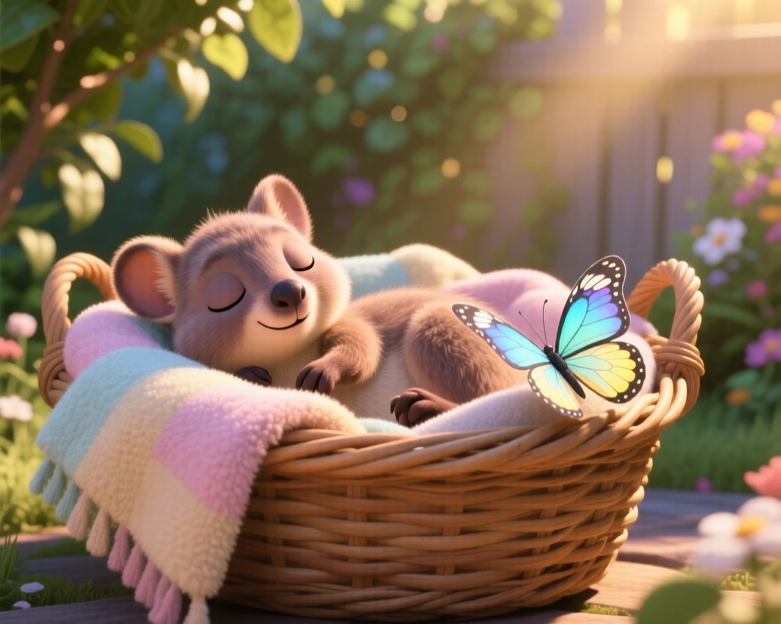 A baby quokka is napping in a wicker basket lined with soft blankets, hopping playfully in place. Playful joy radiates from the small creature, with a small butterfly resting nearby.
