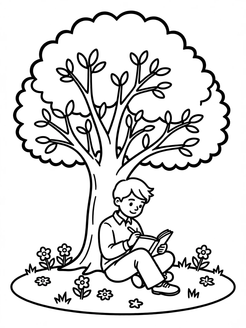 A young poet writing in a journal under a tree