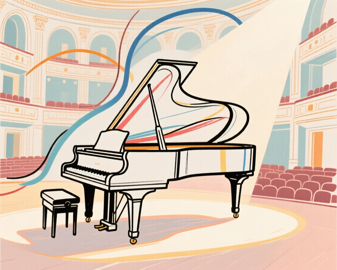 A grand piano bathed in soft light inside an elegant concert hall.
