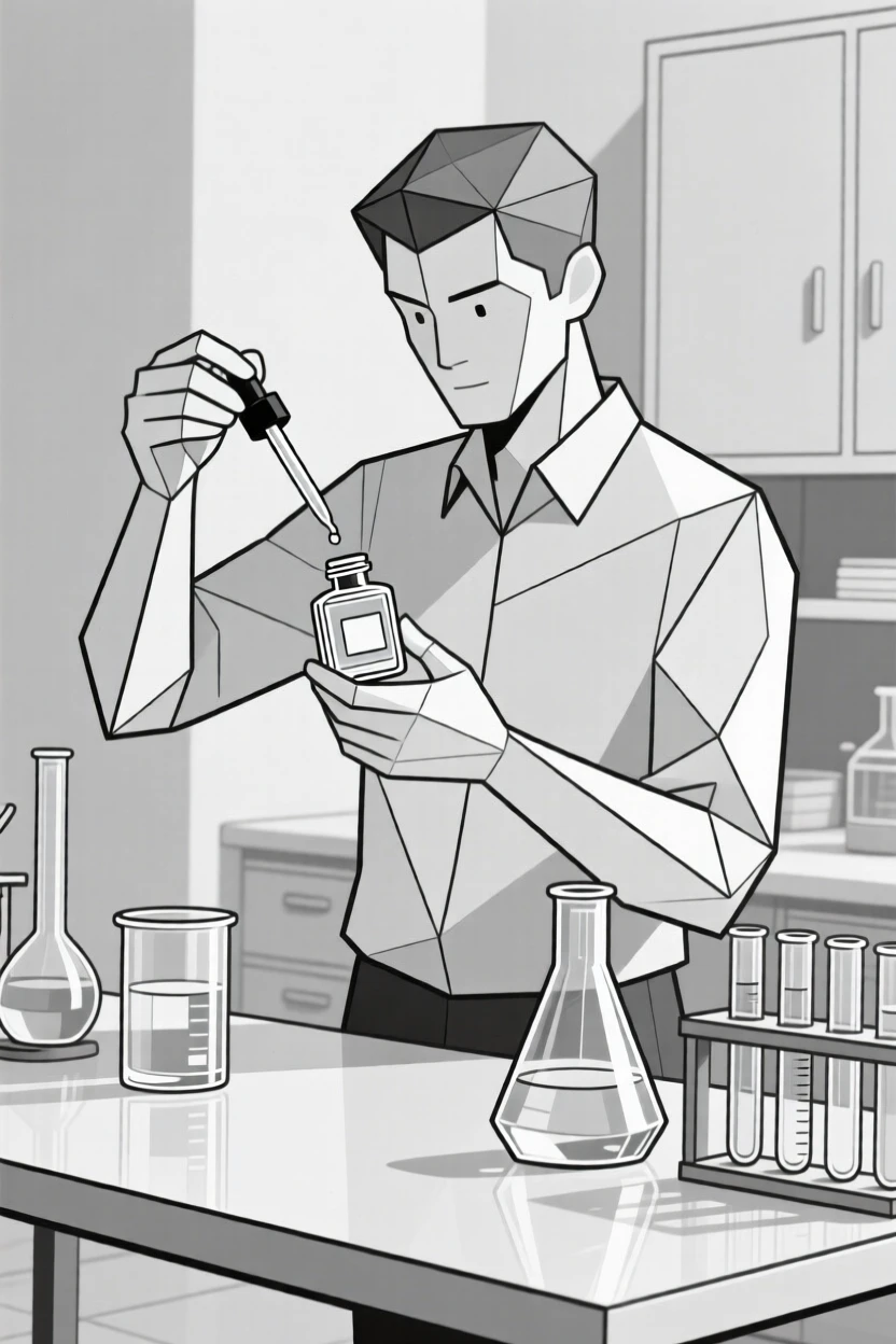 A perfumer blending scents in a glass laboratory