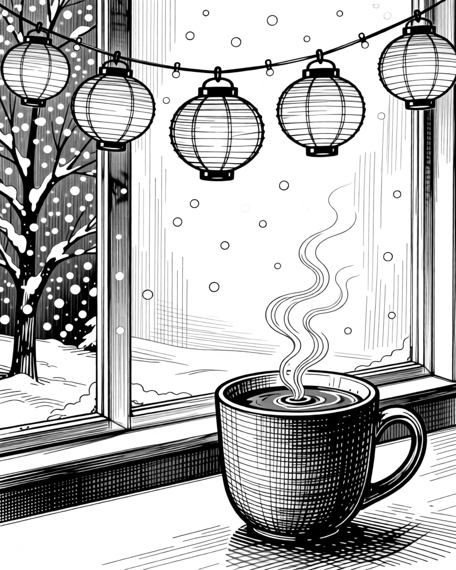 A string of paper lanterns during a summer festival as snow gently falls outside the window, with a steaming mug of cocoa resting nearby, capturing a full of holiday spirit seasonal moment.