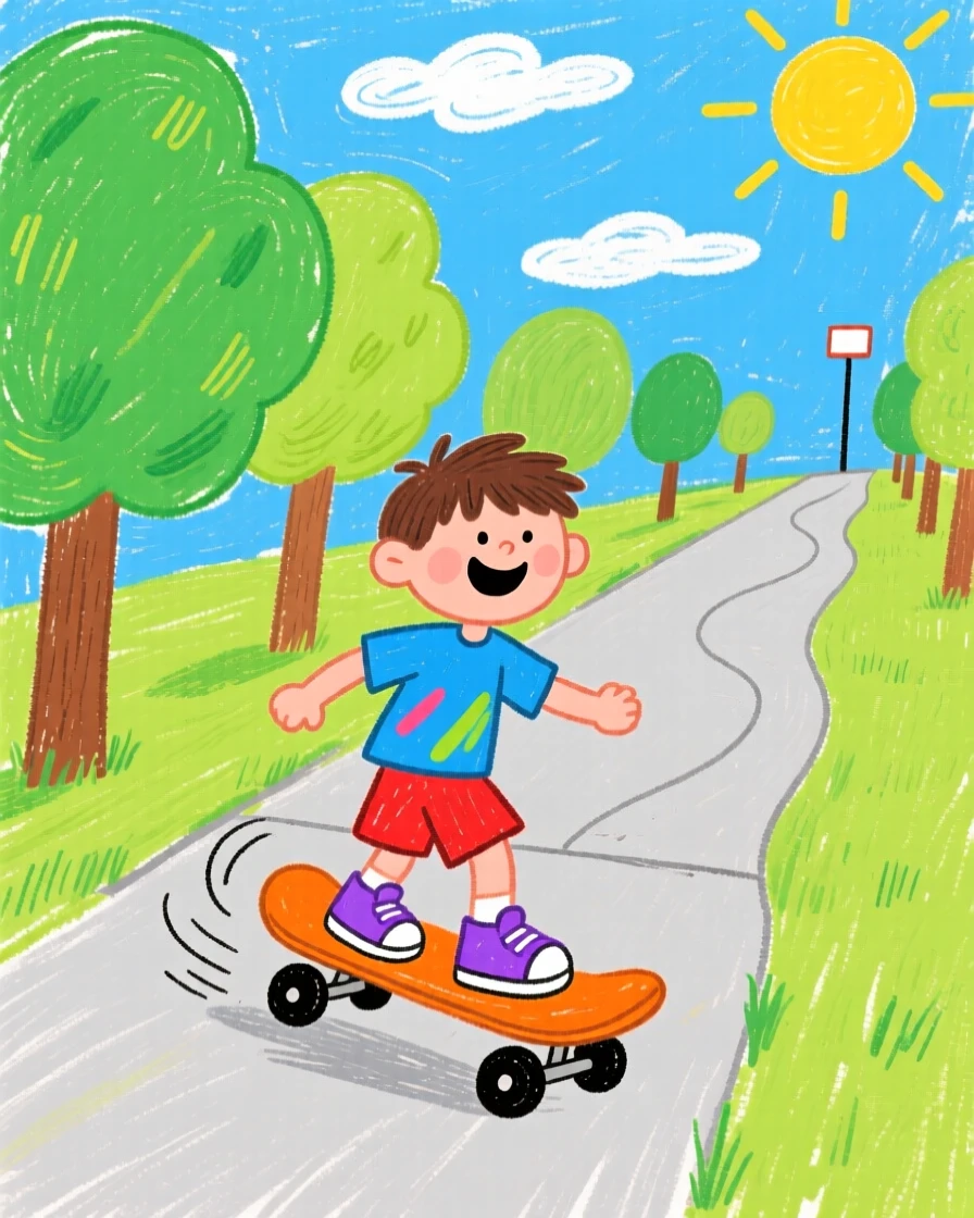 A boy skateboarding down a sunny sidewalk lined with trees.